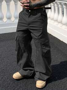 Manfinity LEGND 男士美式直筒宽松纯色多口袋休闲工装裤，修身，工装裤，情人节黑色裤子，秋季