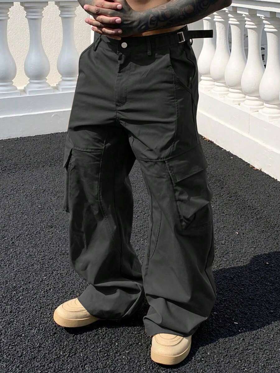 Manfinity LEGND 男士美式直筒宽松纯色多口袋休闲工装裤，修身，工装裤，情人节黑色裤子，秋季