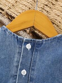 SHEIN Vintaside Kids 女宝宝休闲日常百搭百搭可爱大蝴蝶结装饰短袖水洗牛仔背带裙，适合日常外出、旅行、派对，2025 年春夏新品 - 中等水洗藍 - 查看 6