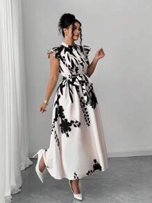 Elenzga Plus Size Elegant Floral Print Dress With Ruffle Trim, Flattering And Slimming, Suitable For Vacation, Beach Party, Garden Party, Casual Outing, Hanging Out With Friends - Apricot Background With Black Flowers, Comfortable Fabric, Unique Design, Great Value - Multicolor - View 3