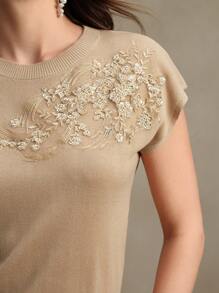 Anewsta Elegant Round Neck Embroidered Short Sleeve T-Shirt, Spring/Summer Knit Top, Valentine's Day, Summer Vacation, New Year's - Khaki - View 3