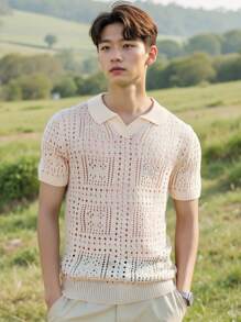 Manfinity CasualKnits Men's Solid Color Polo Collar Short Sleeve Simple Hollow Out Casual Hollow Out Loose Knit Top Men Crochet Shirt, Suitable For Summer - Multicolor - View 2