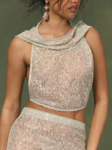 MUSERA Drape Cowl Front Chain Back Fastening Sequin Lace Hooded Cropped Club Sexy Top Only For Spring Summer Vacation Holiday Forbidden Gardens