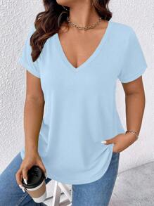 SHEIN LUNE 大码女式宽松 V 领 T 恤新年衣服 - 淺藍色 - 查看 3
