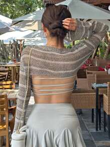 DAZY Women Striped Ultra Short Flare Sleeve Knit Sweater Fall Vacation - Grey - View 5