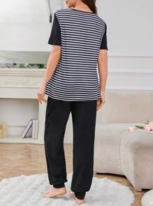 Moonlight & Mama Set de lounge cu mânecă scurtă cu jumătate de plăcuță în dungi, îmbrăcăminte de noapte casual pentru femei însărcinate