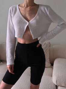 DAZY Women's Casual Solid Color V-Neck Long Sleeve Cropped Textured T-Shirt - White - View 6