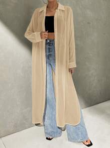 Firerie 女士白色雪纺防晒开衫，中长款宽松法式轻薄长袖外套，夏季 - 卡其色 - 查看 3