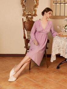 Côtesoire 女士法式浪漫蕾丝边长袖睡袍 - 藕粉色 - 查看 5