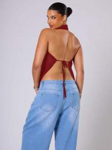 MUSERA Plus Chiffon Extreme Cowl Neck Backless Top Sexy, Club - Burgundy - View 4