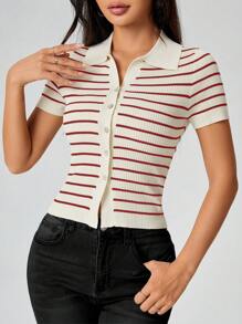 SHEIN PETITE Suéter de botones con rayas estilo "preppy" para mujer - Rojo - Ver 7