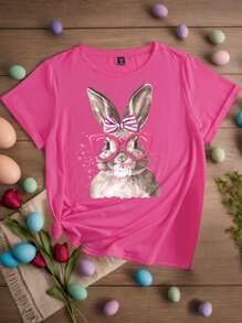 SHEIN LUNE Plus Size Women's Loose Easter Rabbit Print Crew Neck Short Sleeve T-Shirt, For Gifts - Hot Pink - View 1