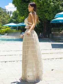 DAZY 2pcs Women Vacation Style Semi-Transparent Halter Top & Skirt Set,Beach Outfits - Apricot - View 6