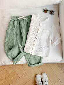 SHEIN 两件套年轻男孩休闲运动度假套装 - 纯色白色 Polo 衫和抽绳腰纯色裤子，带口袋，百搭舒适的服装，适合儿童活动、返校、生日派对、婚礼、情人节、春夏季节 - 綠色 - 查看 7