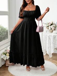 Flirla Plus Size Sweet Romantic Pink Square Neck Bowknot Ruffle Hem Long Dress Easter Wear - Black - View 4