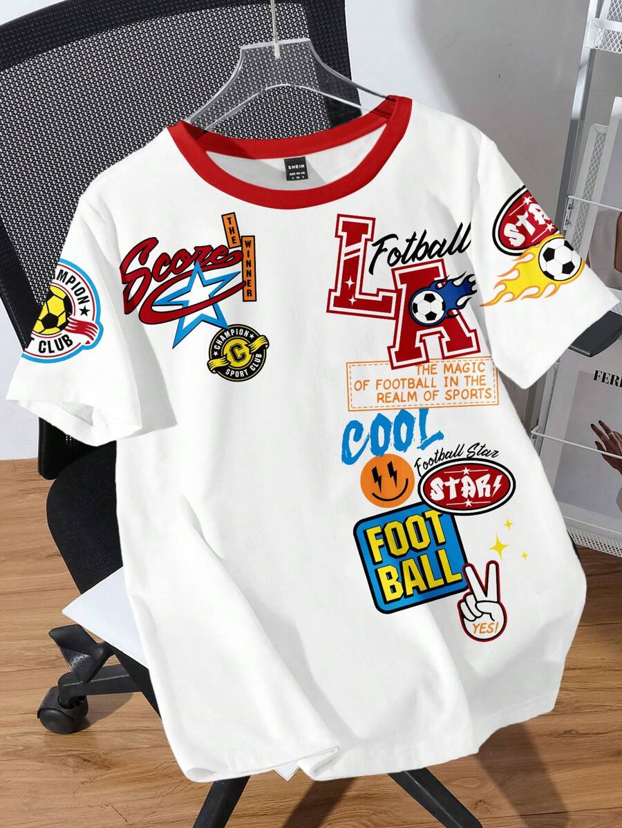SHEIN EZwear 休闲简约运动 T 恤,足球风格徽章和 LA 字母图案圆领宽松短袖 T 恤,适合女士,适合夏季 - 彩色 - 查看 1