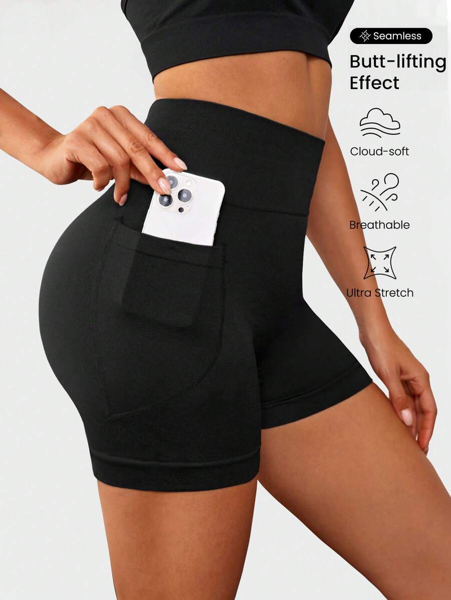 Easithlete 宽带腰运动短裤，带手机口袋，弹力短裤，女士运动短裤、健身短裤、骑行短裤 - 黑色 - 查看 1