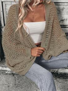 SHEIN LUNE 休闲纯色前开针织蝙蝠袖开衫 - 軍綠色 - 查看 6