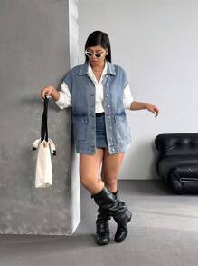 SHEIN ICON 宽松牛仔背心外套，简约时尚，适合夏天 - 藍色 - 查看 3