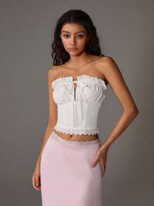 TRNVIE 女士白色休闲刺绣蕾丝抹胸短款上衣海滩罩衫背心，夏季