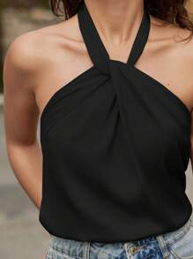 SHEIN Frenchy 夏季纯色扭结露背吊带上衣 - 黑色 - 查看 6