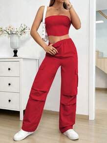 SHEIN Unity Tube Top & Cargo Pants 2 Pieces Set - Red - View 3