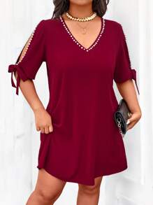 SHEIN LUNE Abito a pieghe con spalline annodate e decorazione di perle, adatto a donne taglia curvy, elegante e snellente per uso quotidiano