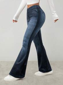 SHEIN PETITE Women's Overlapping Waist, Slightly Flared, Elegant Pockets, Natural Flared Trousers, Dark Trousers For Women