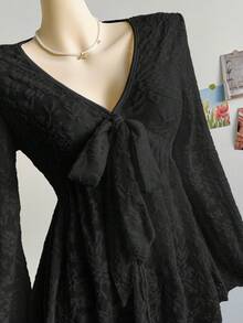 Soleia Women's Vacation Lace Blouse With Front Tie And Bell Sleeves - Black - View 6