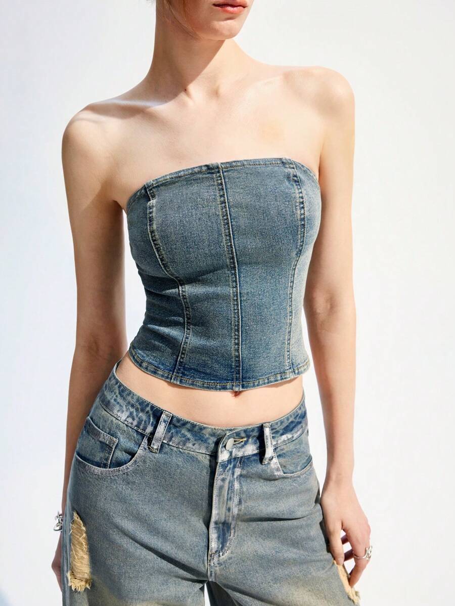 LYSMO Áo Crop Top Denim Đa Năng Thời Trang Cho Nữ - Màu xanh lam - Xem 1