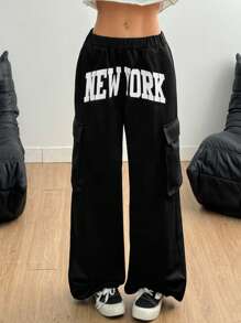 SHEIN ICON Pantaloni sportivi a vita bassa con stampa a lettere Y2K neri, adatti allo stile athleisure, minimalisti e di moda, ideali per l'estate