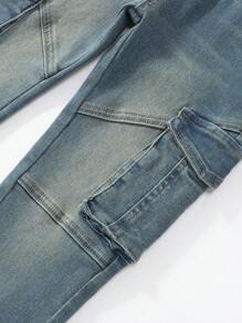 Tween Boy Casual Elastic Waist Multi-Pocket Patchwork Distressed Denim Jeans