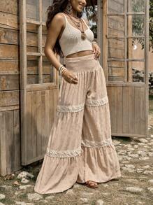 LanaWest Western Country Inspired Women's Wide Leg Pants With Textured Fabric And Ruffle Trim Fall Cloth For Women - Apricot - View 5