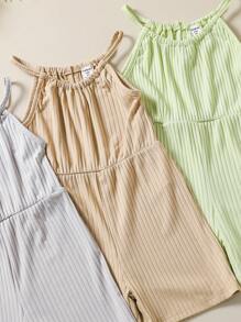 3 Pieces Set Young Girl Off Shoulder Jumpsuit,Casual Solid Color Romper,Summer,Elegant,Matching,Family Vacation,Holiday,Sage Green,Grey,Khaki,Party - Grey - View 5