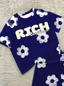 SHEIN 2 piezas Conjunto casual básico de verano de manga corta y cuello redondo para niño preadolescente - Multicolor - Ver 4