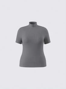 SHEIN BASICS Casual Solid Knit Round Neck Short Sleeve Slim Fit Plus Size T-Shirt - Dark Grey - View 1