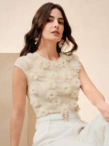 Anewsta Elegant Romantic Pearl Embellished Floral Print Casual Festival Women Spring Summer Blouse, T-Shirt - Apricot - View 4