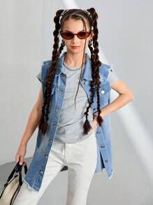 TWEEN GIRL Distressed Light Blue Washed Raw Hem Long Denim Vest - Light Wash - View 3