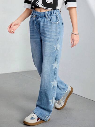Denimly Girls' Fashion Casual Star Print Adjustable Waist Zipper Fly Washed Denim Jeans