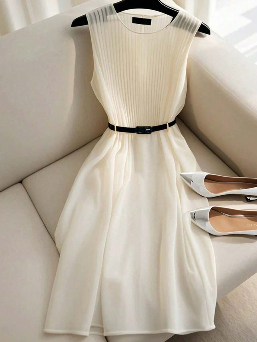 SHEIN PETITE 女士优雅纯色荷叶边夏季连衣裙 - 白色 - 查看 1