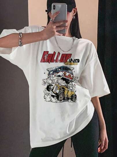 DAZY 女式字母印花宽松短袖白色 T 恤，春夏图案 T 恤超大 T 恤，教师装学院风上衣