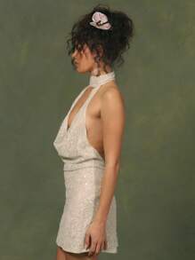 MUSERA Đầm mini ôm sát cổ cao, khoét ngực, chất liệu ren đính sequin, gợi cảm, thích hợp cho kỳ nghỉ hè ở Ibiza, lễ hội Vườn Cấm và các sự kiện buổi tối. - màu xanh lá - Xem 4