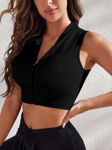 Easithlete Zip Up Crop Sports Tank Top Fitted Shirtworkout Tank Top - Black - View 8