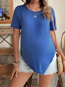 SHEIN Solid Color Comfortable Short Sleeve Maternity & Nursing Wear - Navy Blue - View 3