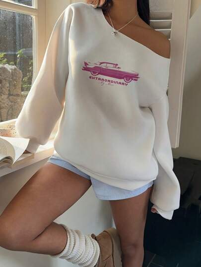 CovetEZ Women's Retro Car Pattern Off Shoulder Loose Casual Long Sleeve Sweatshirt, Pink Autumn And Winter