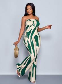 SOLERSUN Áo ống in họa tiết bất đối xứng & quần ống loe cho nữ (Kiểu ngẫu nhiên) - màu xanh lá - Xem 2