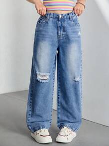 Sparklyn TWEEN GIRLS Distressed Denim Washed Blue & White Cloud Color Straight Leg Casual Jeans, School, Campus, College - Medium Wash - View 4