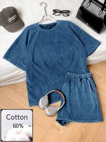 Comfortcana Conjunto de 2 piezas talla grande: Camiseta de manga corta cuello redondo negra y pantalones cortos, ropa de primavera y verano