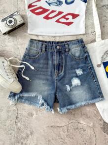 SHEIN Shorts vaqueros rasgados con borde deshilachado y lavado de piedra estilo bohemio para niñas preadolescentes, ropa de verano para niñas, ropa informal y de vacaciones de estilo bohemio para niñas en primavera y verano, atuendos de playa para niñas, ropa de calle occidental para niñas, atuendos de primavera y festivales con shorts vaqueros