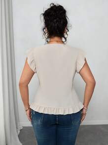 SHEIN Unity Plus Size Women's Simple French Style Casual Summer Versatile Cap Sleeve Square Neck Ruffle Trim Blouse - Apricot - View 2